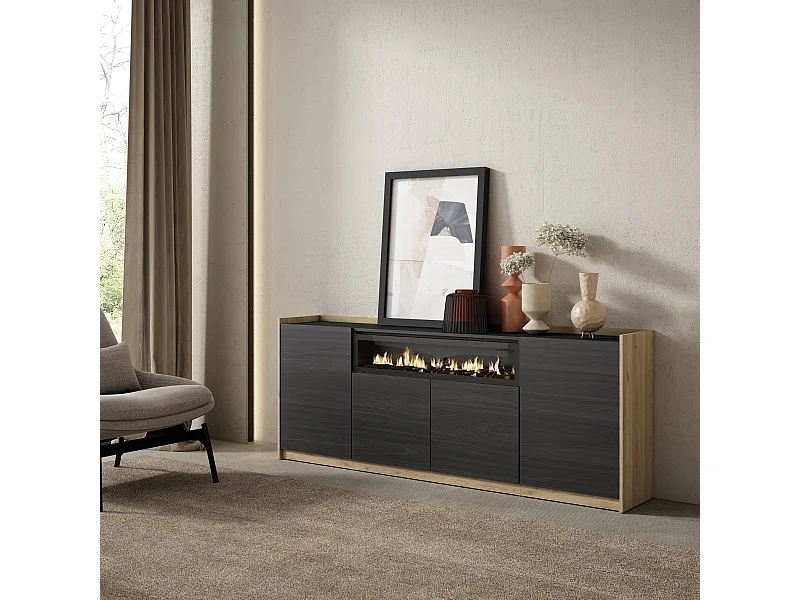 Credenza, Mobile, Cucina, 207x80x37 cm, 4 Porte, Camino elettrico, Nero e rovere
