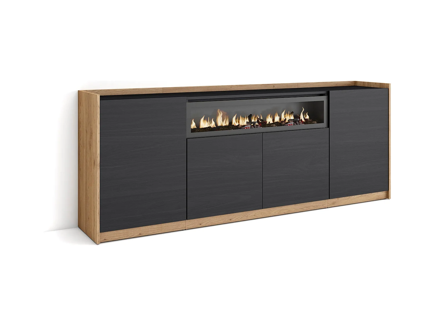 Credenza, Mobile, Cucina, 207x80x37 cm, 4 Porte, Camino elettrico, Nero e rovere