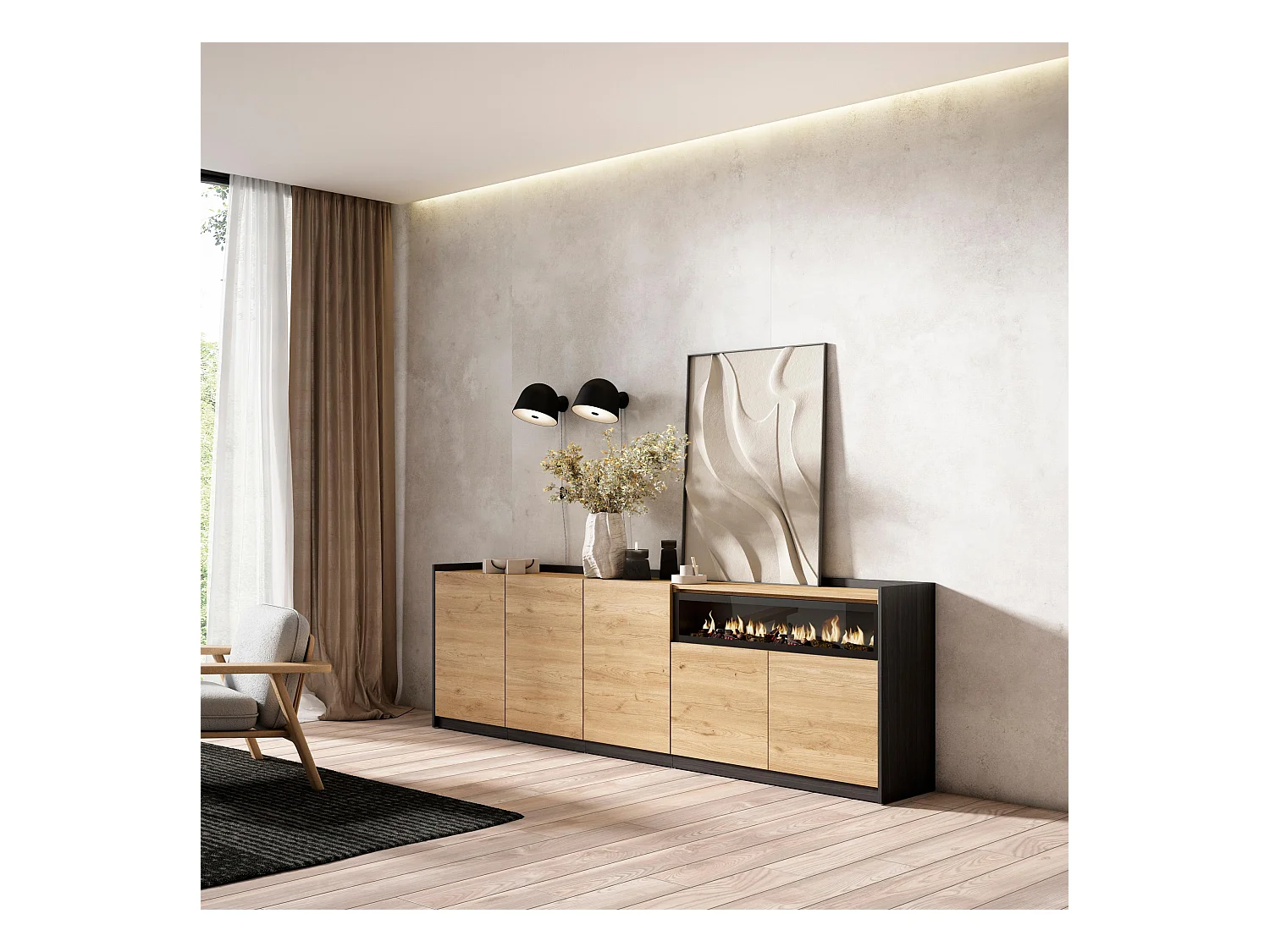 Buffet salon et cuisine, 260x80x37 cm, 5 Portes, Cheminée électrique, Chêne et noir