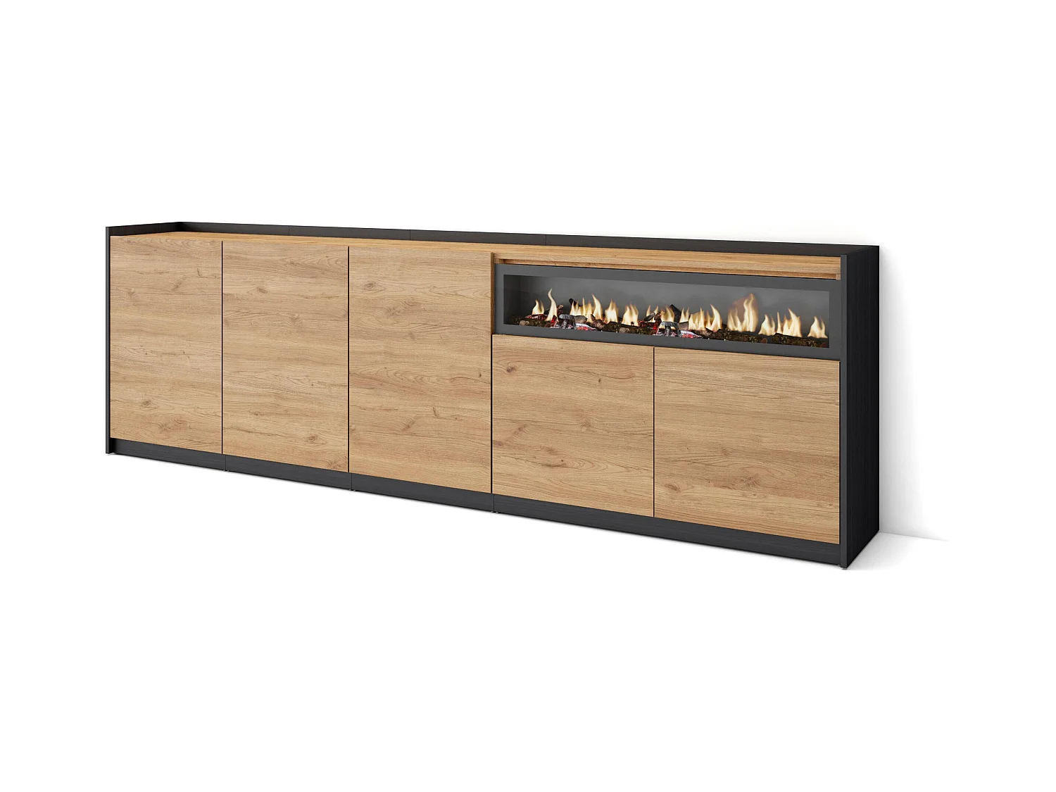 Buffet salon et cuisine, 260x80x37 cm, 5 Portes, Cheminée électrique, Chêne et noir