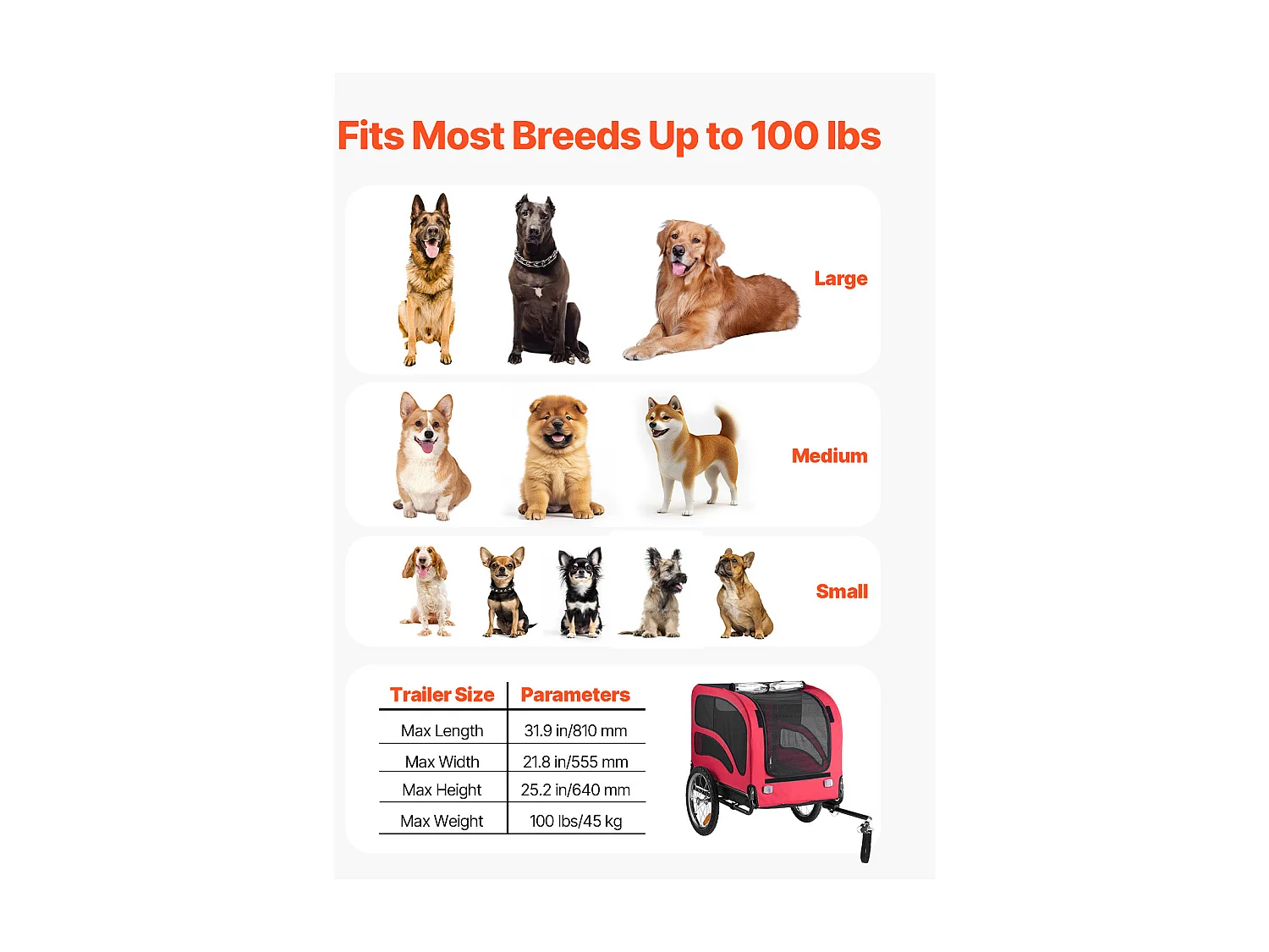 Remorque vélo SucceBuy pour Chien, Charge 45 kg, Porte Animaux de Compagnie de Vélos, Cadre Pliable Facile avec Roue à Dégagement Rapide, Réflecteur