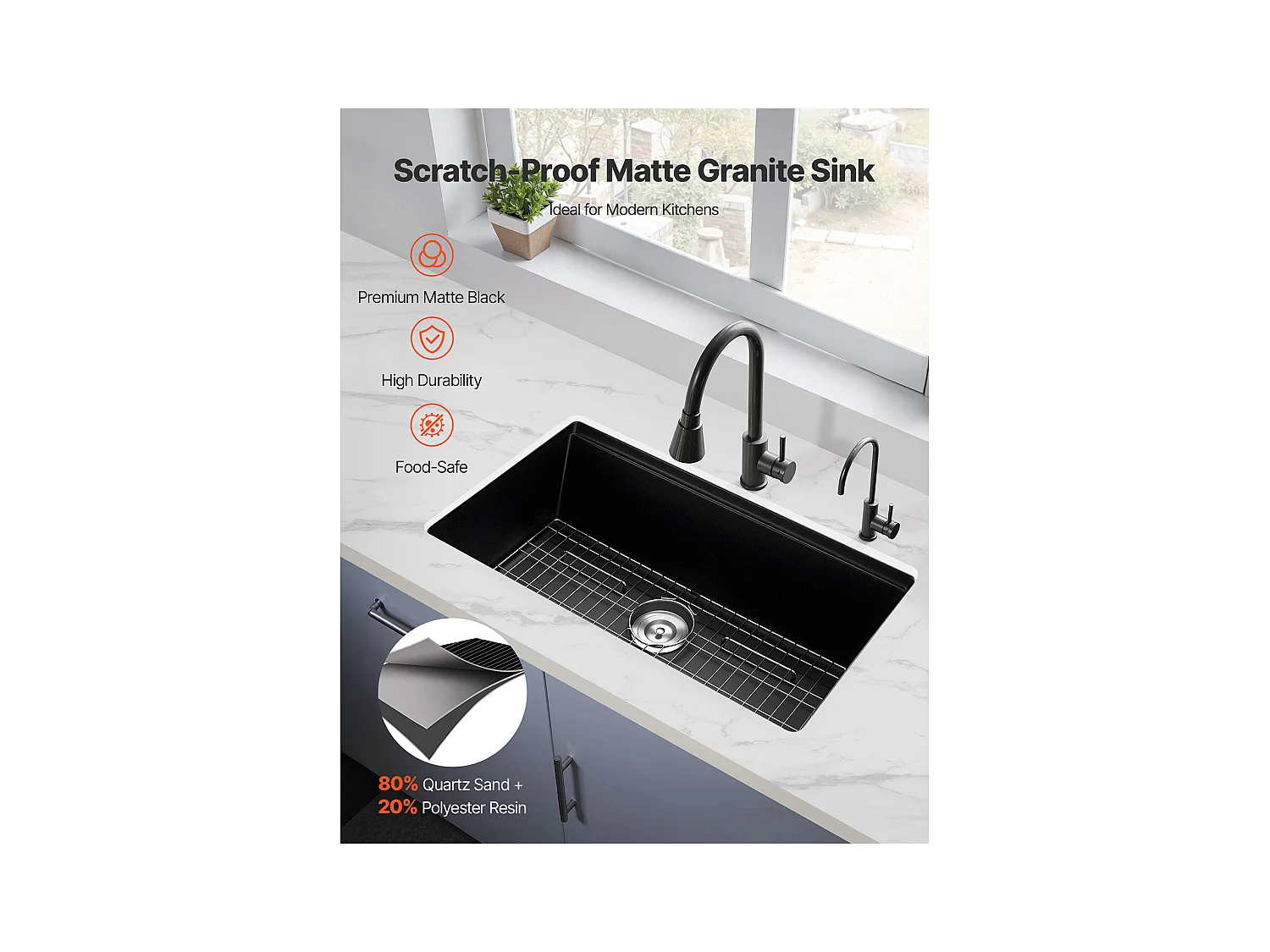 Évier de Cuisine SucceBuy Moderne en Granit de 83,8 cm, Évier sous Plan à Large Cuve Simple, Bac à Laver avec Accessoires Multiples, Nettoyage Facile