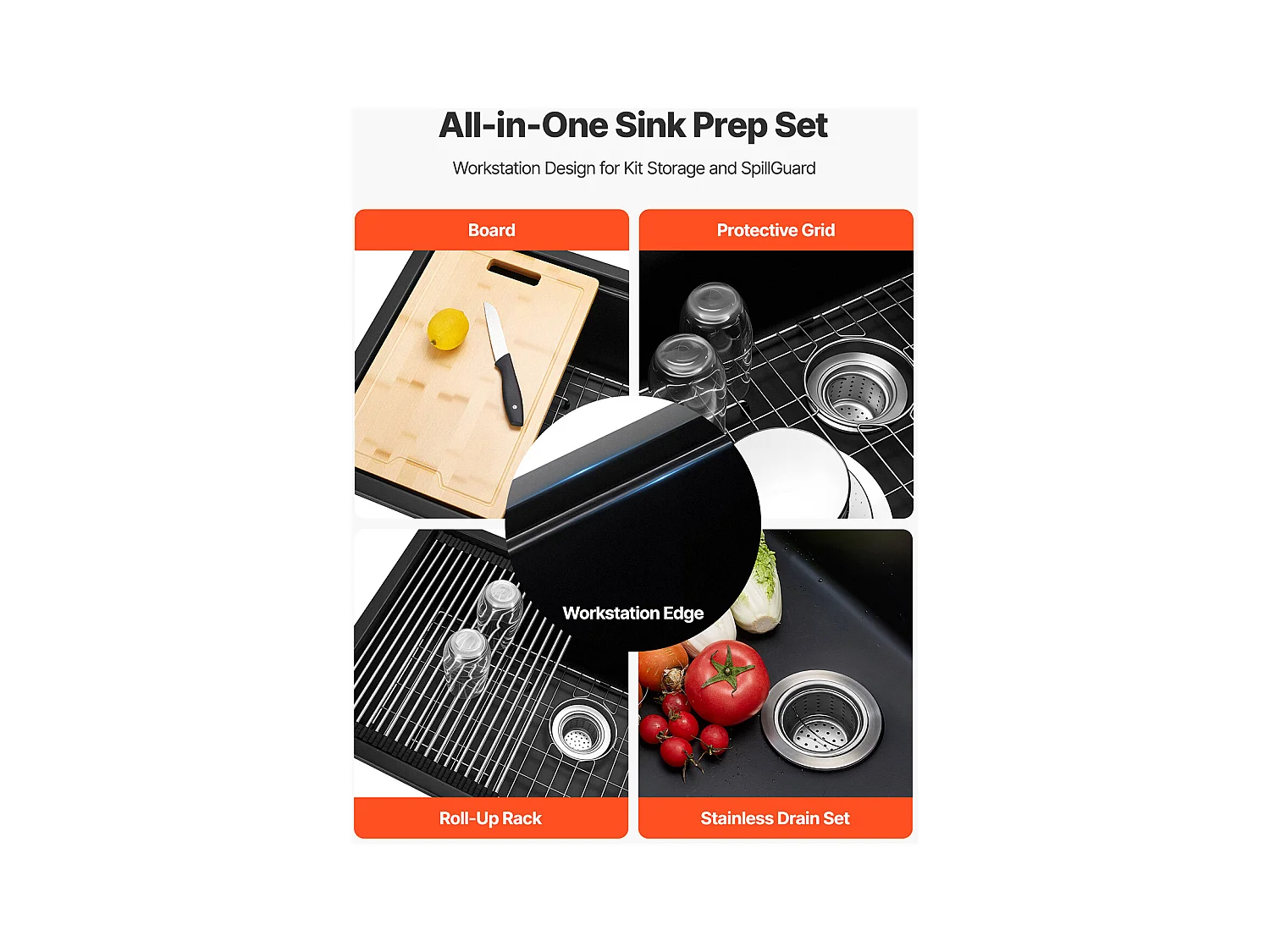 Évier de Cuisine SucceBuy Moderne en Granit de 83,8 cm, Évier sous Plan à Large Cuve Simple, Bac à Laver avec Accessoires Multiples, Nettoyage Facile