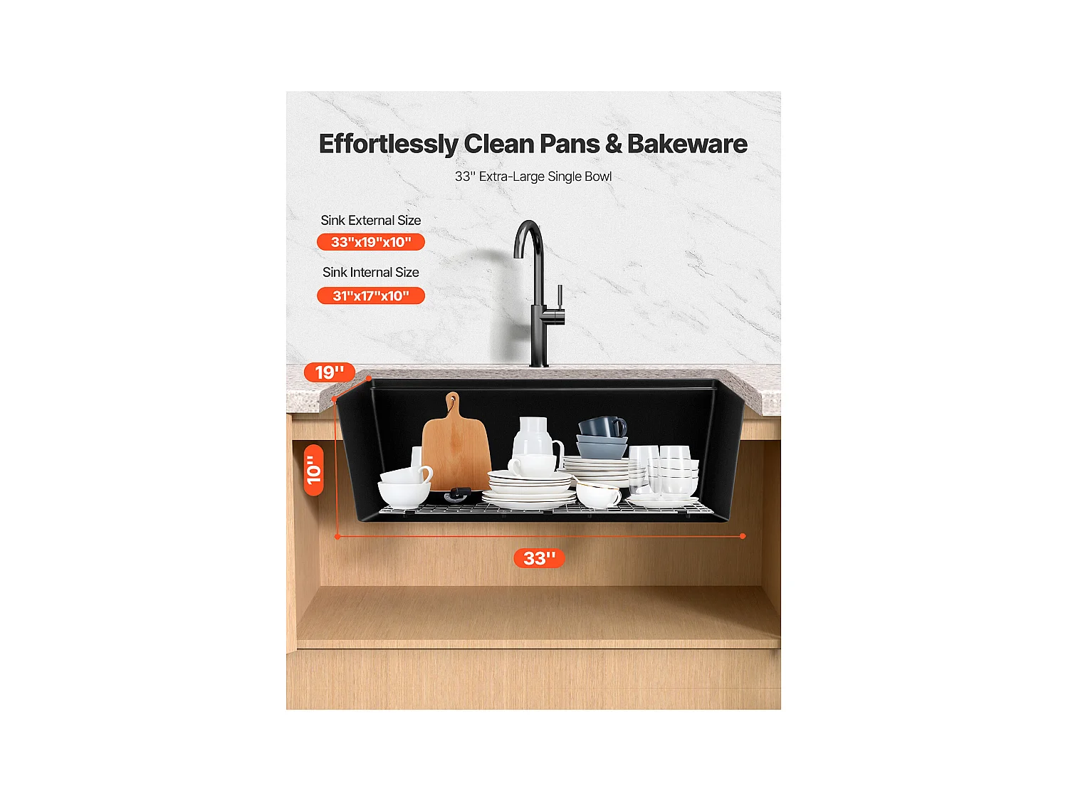 Évier de Cuisine SucceBuy Moderne en Granit de 83,8 cm, Évier sous Plan à Large Cuve Simple, Bac à Laver avec Accessoires Multiples, Nettoyage Facile