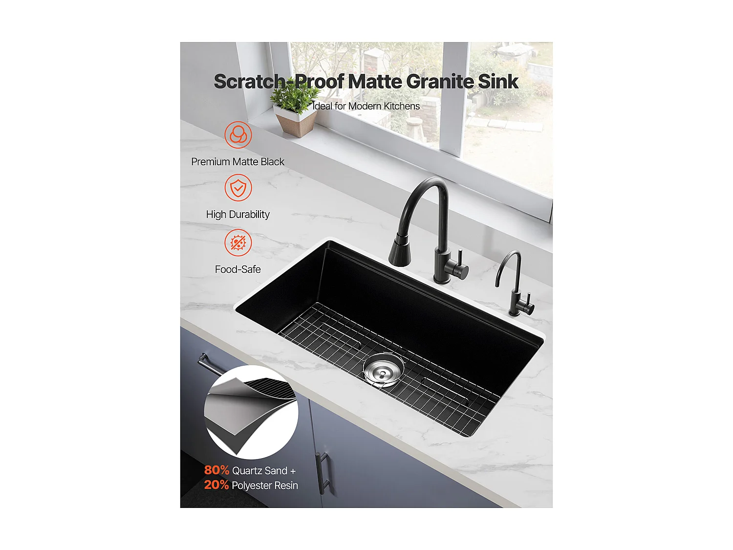 Évier de Cuisine SucceBuy Moderne en Granit de 83,8 cm, Évier sous Plan à Large Cuve Simple, Bac à Laver avec Accessoires Multiples, Nettoyage Facile