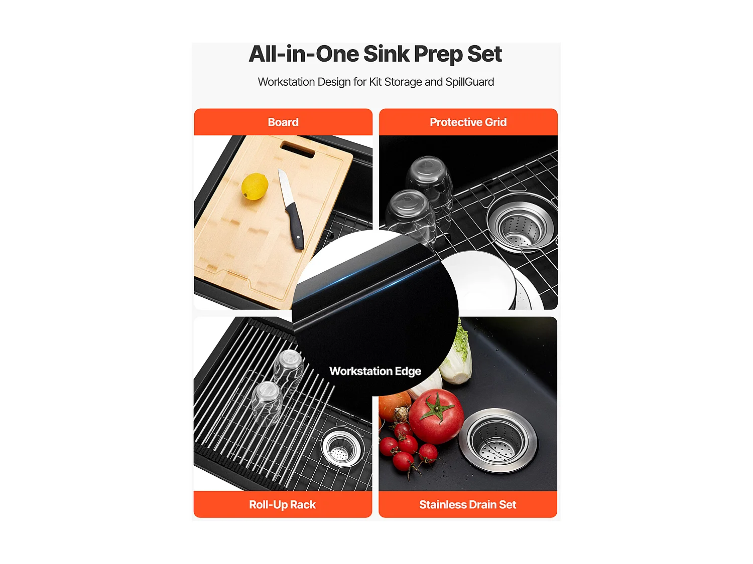 Évier de Cuisine SucceBuy Moderne en Granit de 83,8 cm, Évier sous Plan à Large Cuve Simple, Bac à Laver avec Accessoires Multiples, Nettoyage Facile