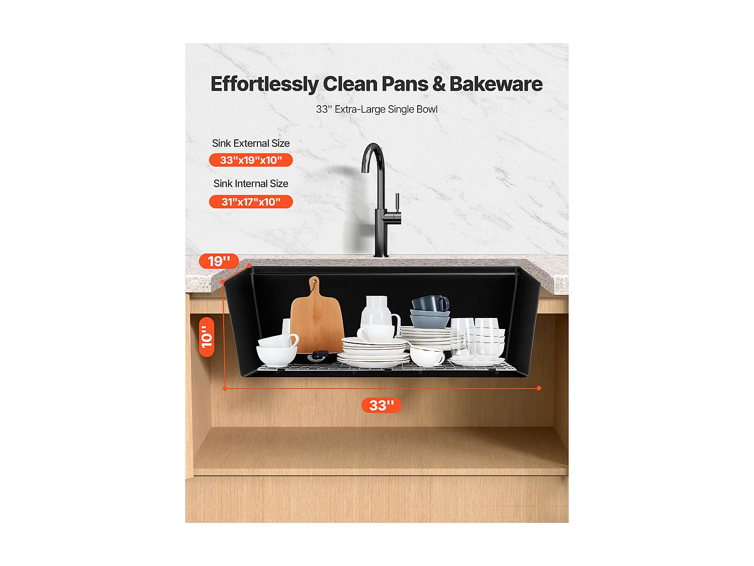 Évier de Cuisine SucceBuy Moderne en Granit de 83,8 cm, Évier sous Plan à Large Cuve Simple, Bac à Laver avec Accessoires Multiples, Nettoyage Facile