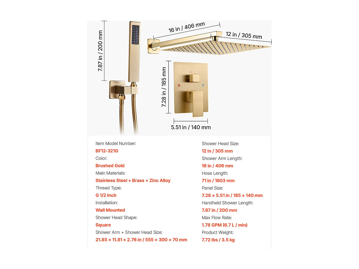 Douchekolom SucceBuy Doucheset, Douchesysteem met Vierkante Douchekop van 305 mm, Handdouche en Afwerkset, Wandmontage, Geborsteld Goudkleurig