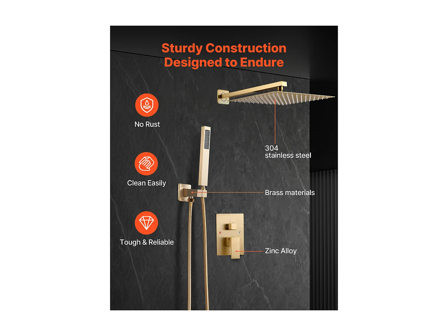 Douchekolom SucceBuy Doucheset, Douchesysteem met Vierkante Douchekop van 305 mm, Handdouche en Afwerkset, Wandmontage, Geborsteld Goudkleurig