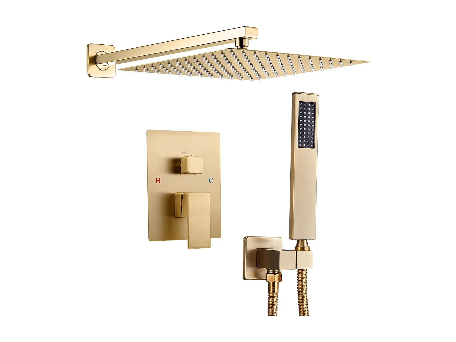 Douchekolom SucceBuy Doucheset, Douchesysteem met Vierkante Douchekop van 305 mm, Handdouche en Afwerkset, Wandmontage, Geborsteld Goudkleurig