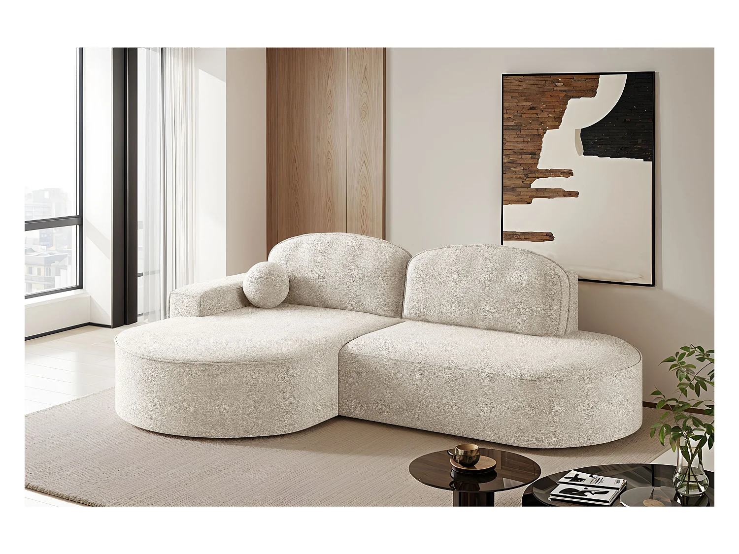 Canapé d'angle avec fonction couchage et coffre de lit Modena Round tissu Arena Ecru Gauche