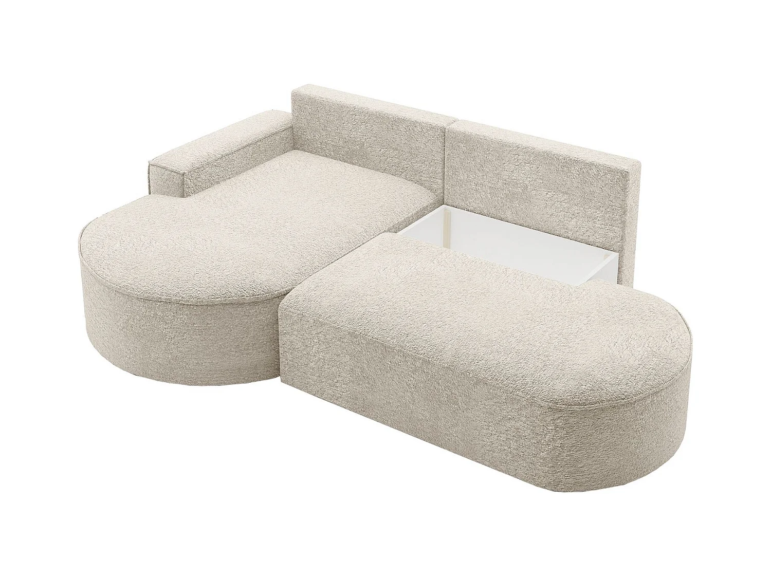 Canapé d'angle avec fonction couchage et coffre de lit Modena Round tissu Arena Ecru Gauche