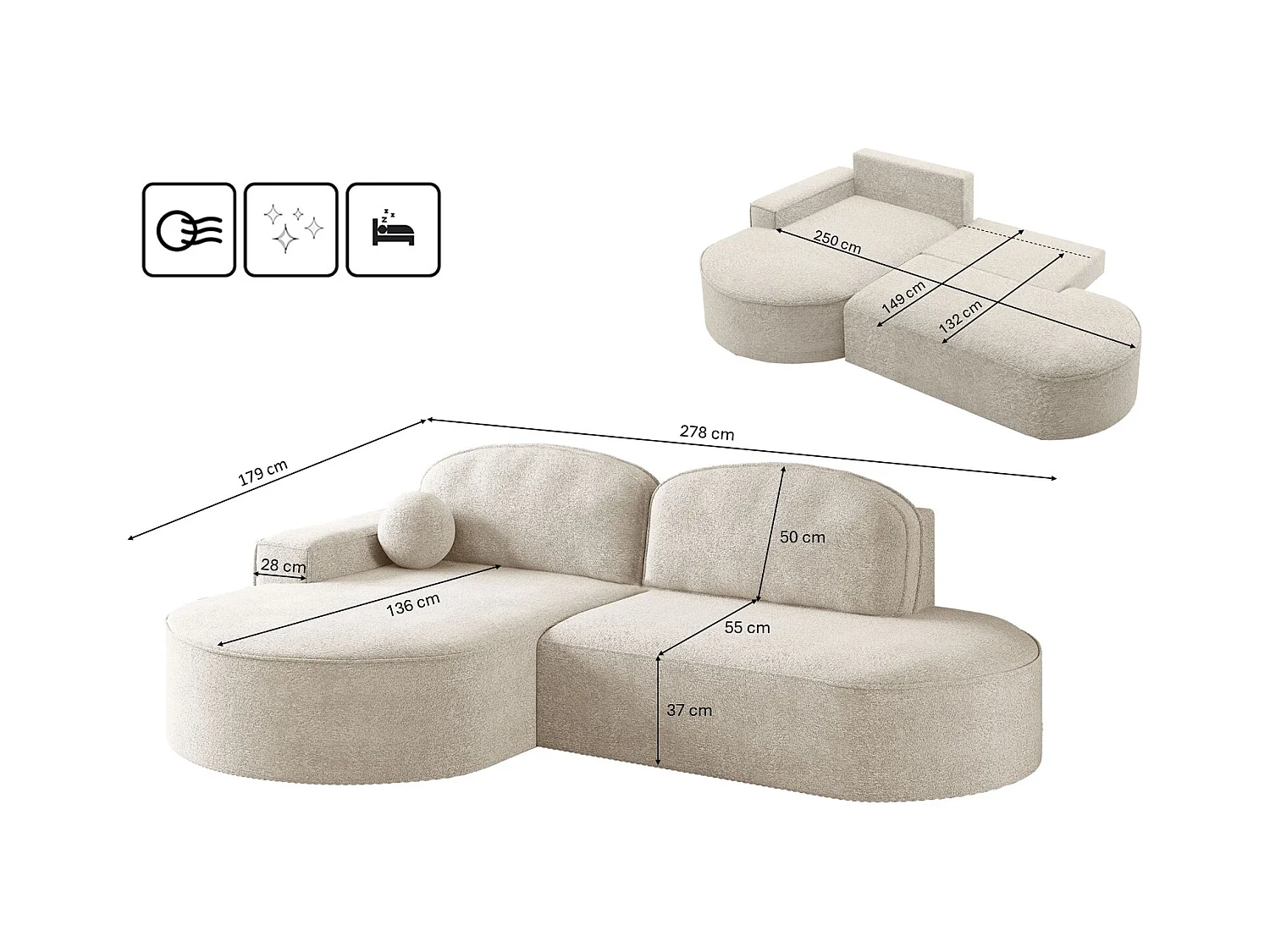 Canapé d'angle avec fonction couchage et coffre de lit Modena Round tissu Arena Ecru Gauche