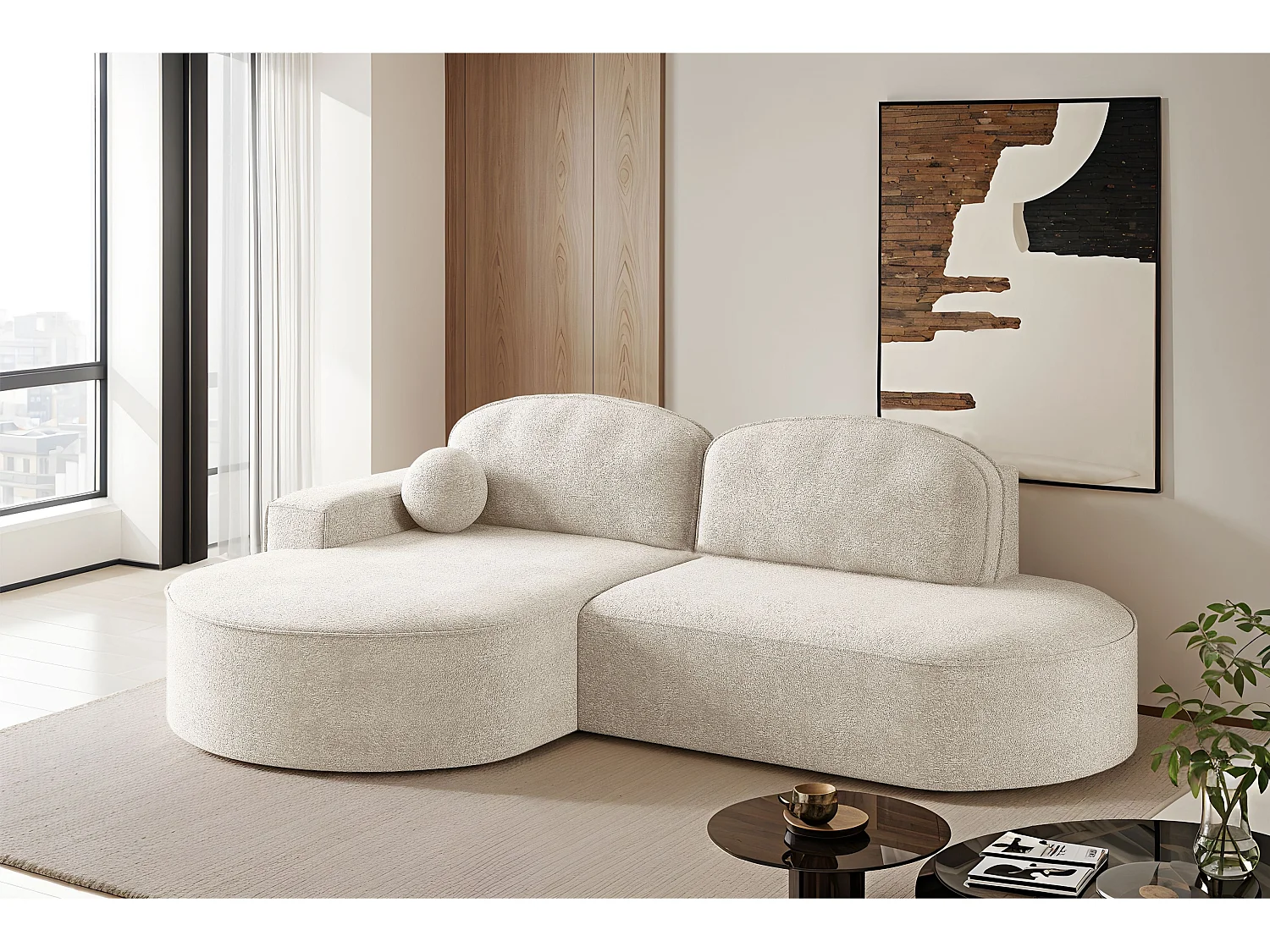 Canapé d'angle avec fonction couchage et coffre de lit Modena Round tissu Arena Ecru Gauche