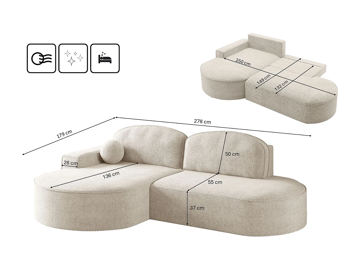 Canapé d'angle avec fonction couchage et coffre de lit Modena Round tissu Arena Ecru Gauche
