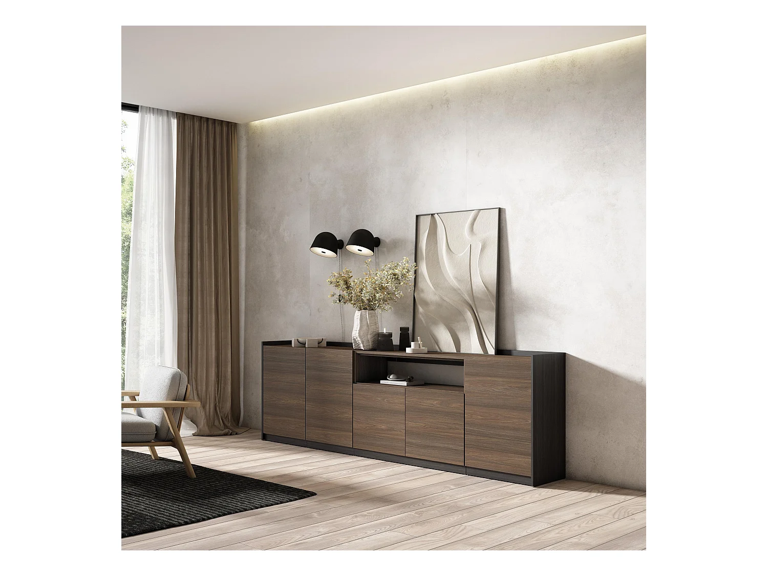 Buffet salon et cuisine, 260x80x37 cm, 5 Portes, Meuble chaussure, Chêne foncé et Noir