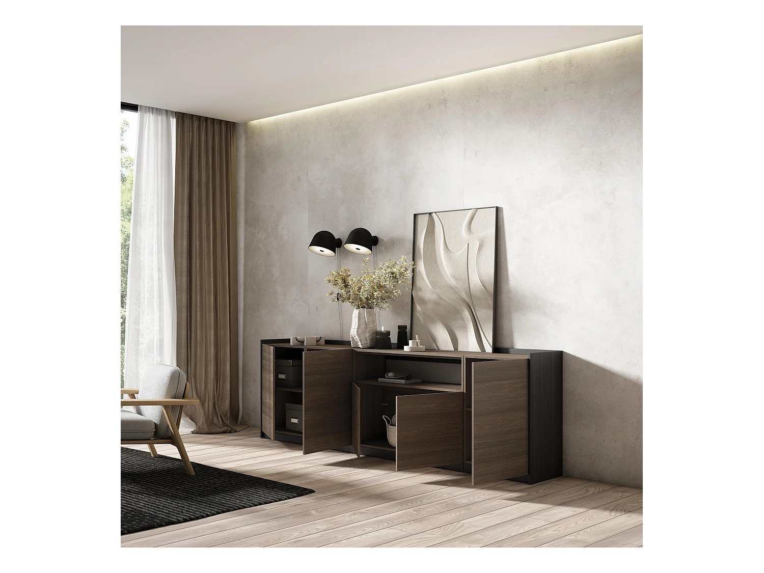 Buffet salon et cuisine, 260x80x37 cm, 5 Portes, Meuble chaussure, Chêne foncé et Noir