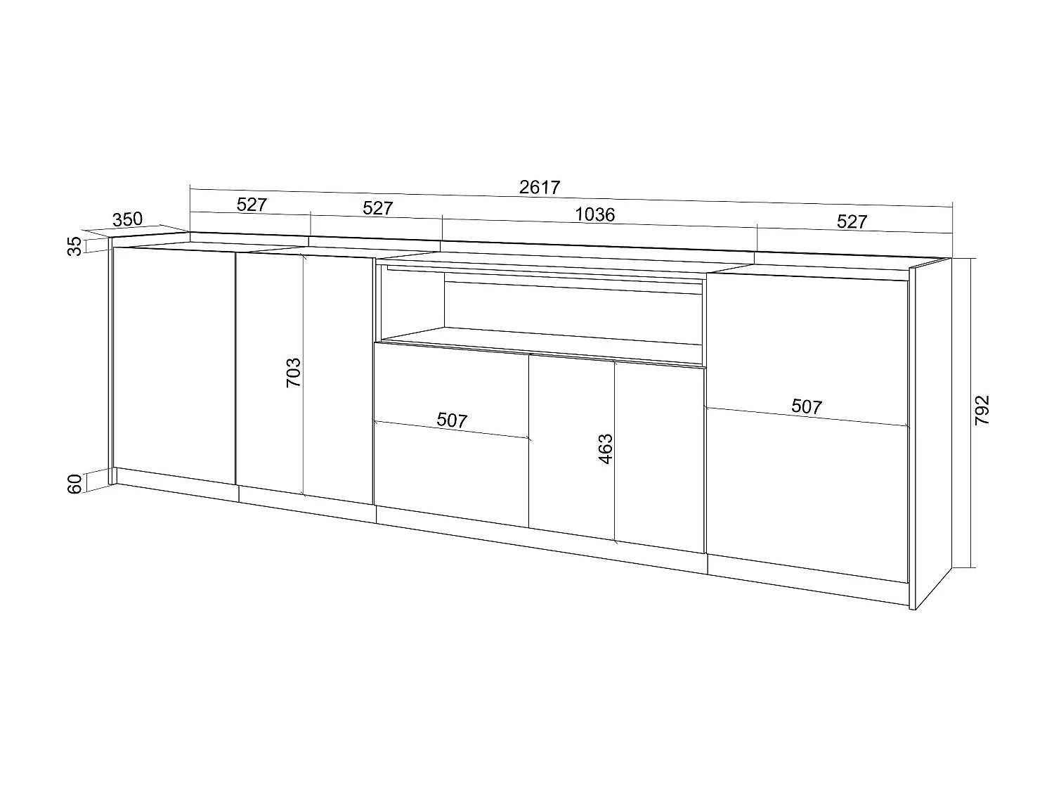 Dressoir, Opbergkast, 260x80x37 cm, 5 Deuren, Woonkamer, hal, Donkere eik en Zwart