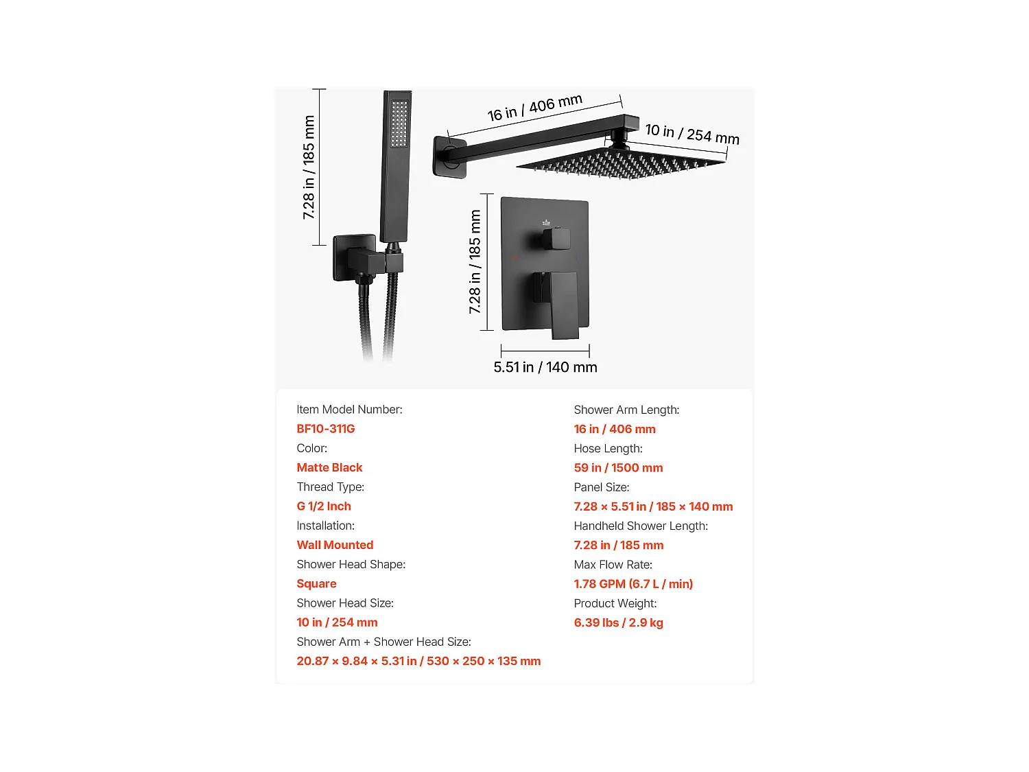 Colonne de Douche SucceBuy Kit de Douche, Système de Douche avec Pommeau Carré de 203 mm, Douchette à Main et Kit de Garniture, Montage Mural, Finition Noir Mat