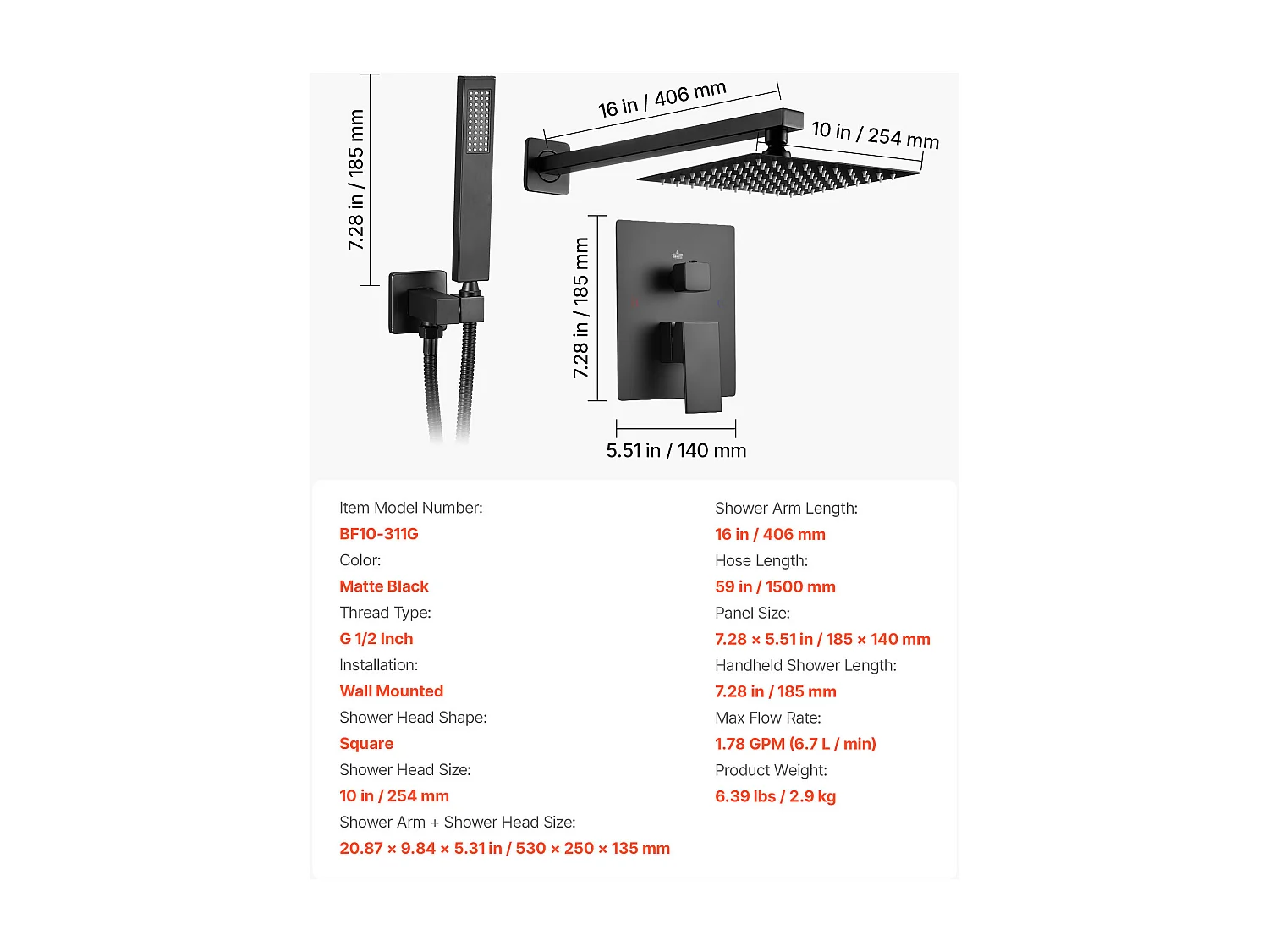 Colonne de Douche SucceBuy Kit de Douche, Système de Douche avec Pommeau Carré de 203 mm, Douchette à Main et Kit de Garniture, Montage Mural, Finition Noir Mat