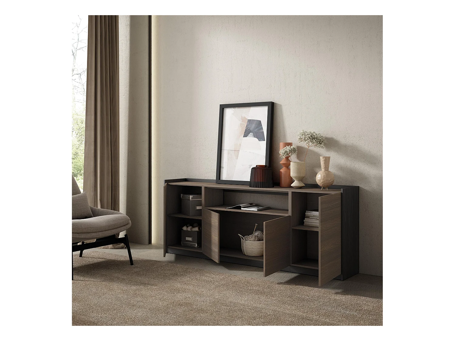 Buffet salon et cuisine, 207x80x37 cm, 4 Portes, Meuble chaussure, Chêne foncé et Noir