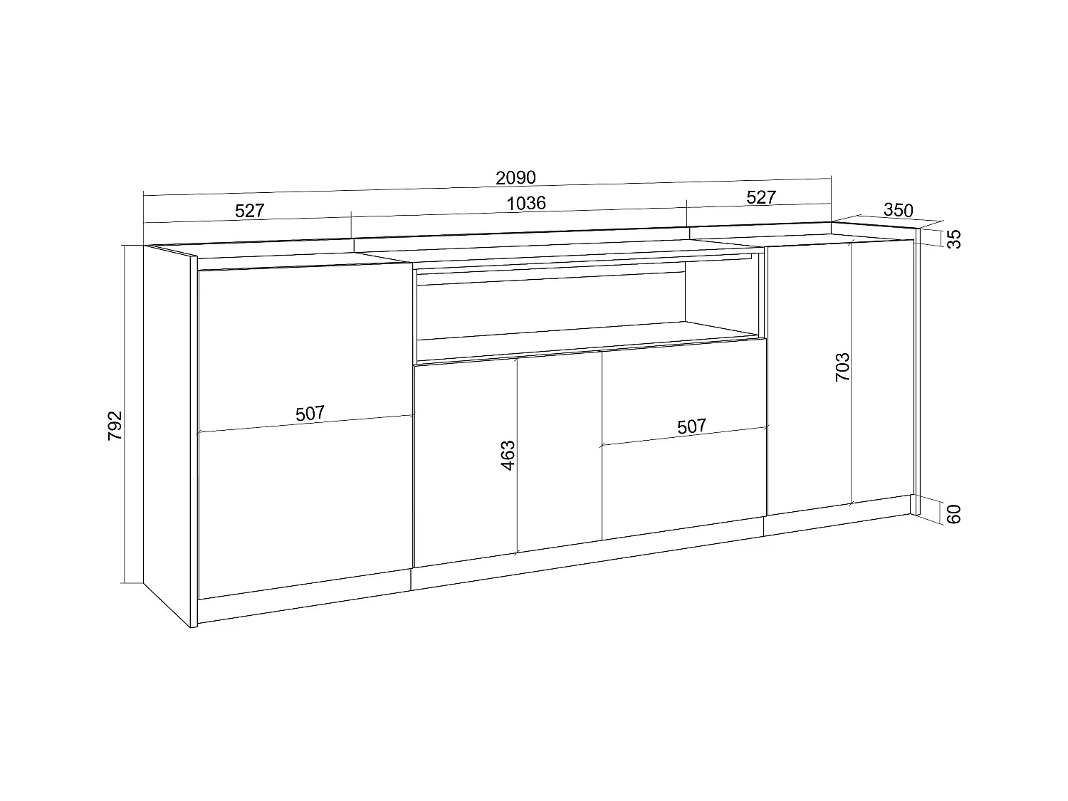Buffet salon et cuisine, 207x80x37 cm, 4 Portes, Meuble chaussure, Chêne foncé et Noir