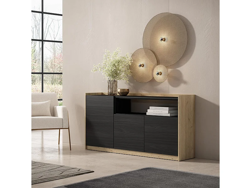 Credenza, Mobile, Cucina, 156x80x37 cm, 3 Porte, grande stoccaggio, Nero e rovere