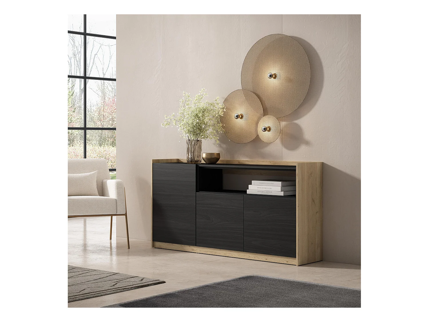 Buffet salon et cuisine, 156x80x37 cm, 3 Portes, Meuble chaussure, Noir et chêne