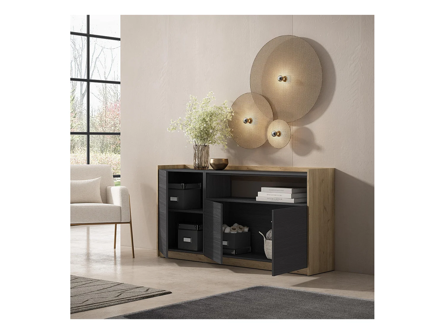 Buffet salon et cuisine, 156x80x37 cm, 3 Portes, Meuble chaussure, Noir et chêne