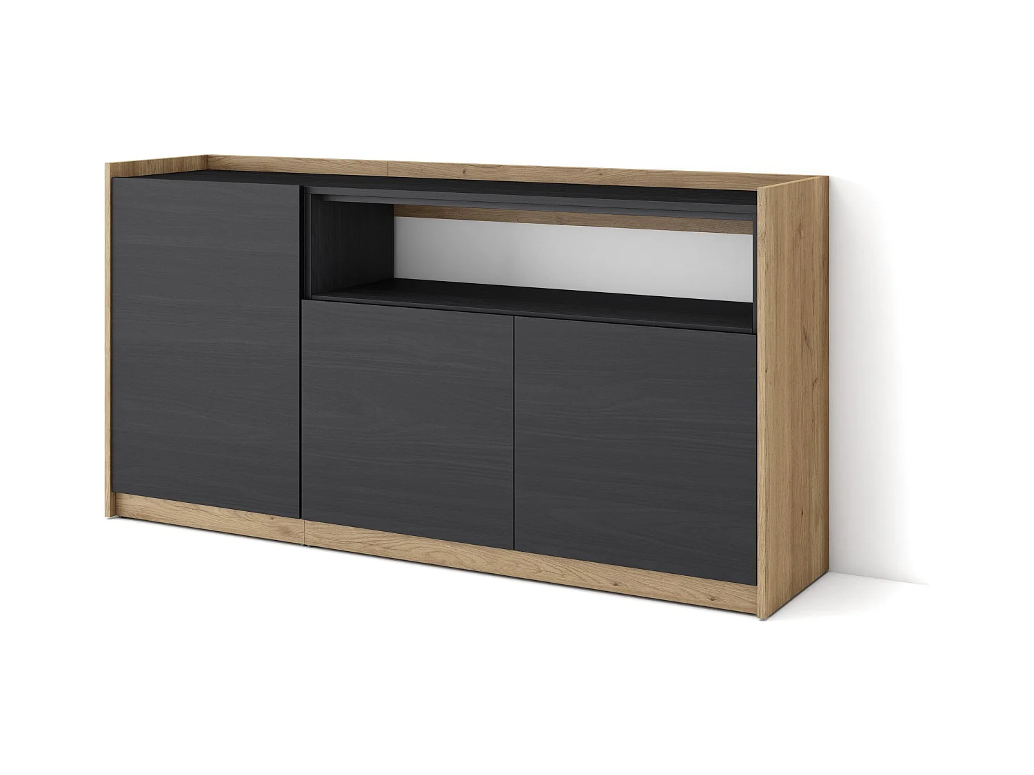 Dressoir, Opbergkast, 156x80x37 cm, 3 Deuren, Woonkamer, hal, Zwart/Eiken