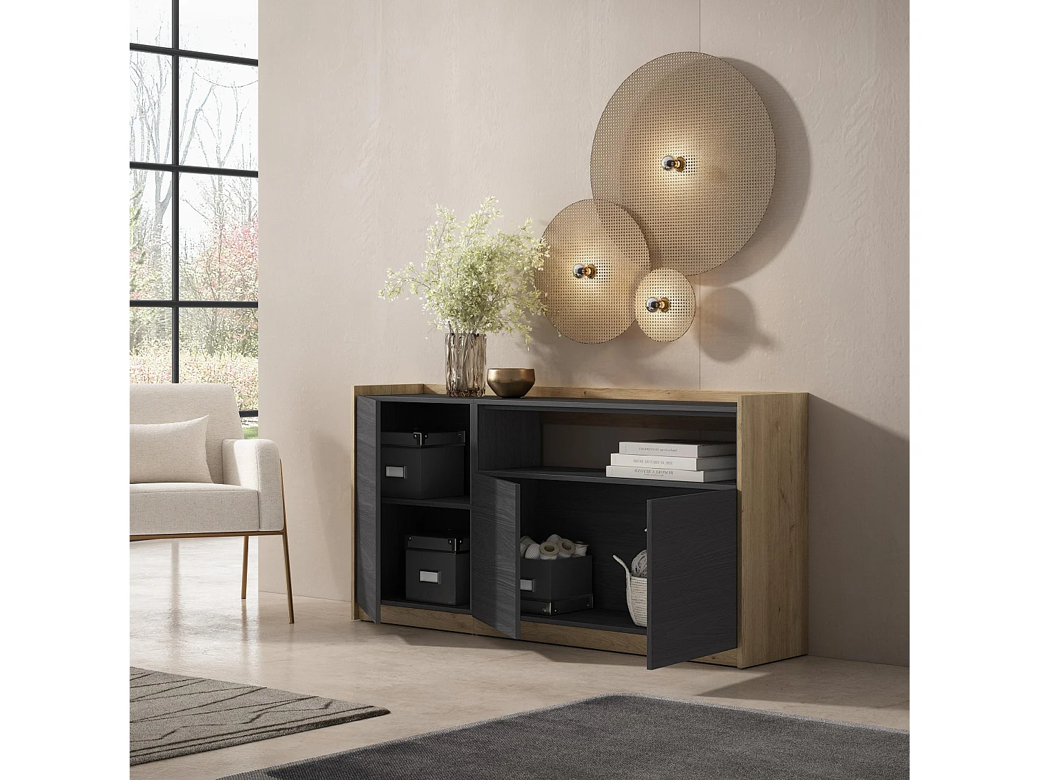 Credenza, Mobile, Cucina, 156x80x37 cm, 3 Porte, grande stoccaggio, Nero e rovere