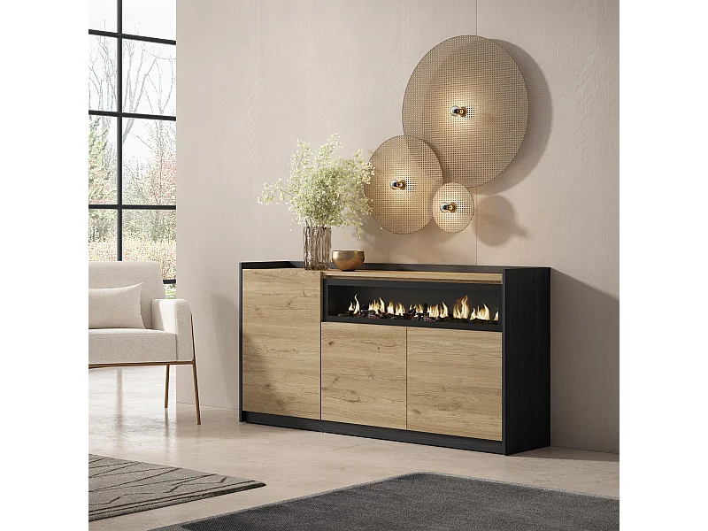 Aparadores para salón, 156x80x37 cm, 3 Puertas, Chimenea eléctrica, Roble y negro