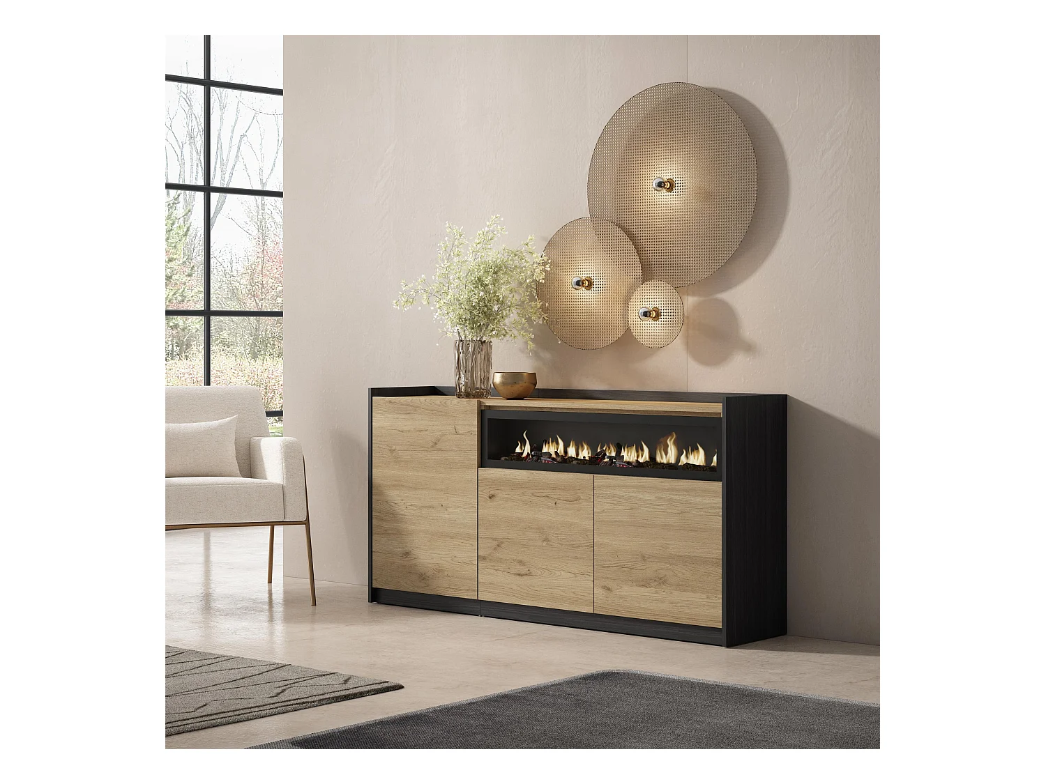 Aparadores para salón, 156x80x37 cm, 3 Puertas, Chimenea eléctrica, Roble y negro