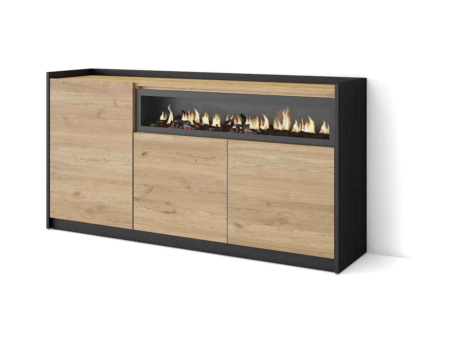 Aparadores para salón, 156x80x37 cm, 3 Puertas, Chimenea eléctrica, Roble y negro