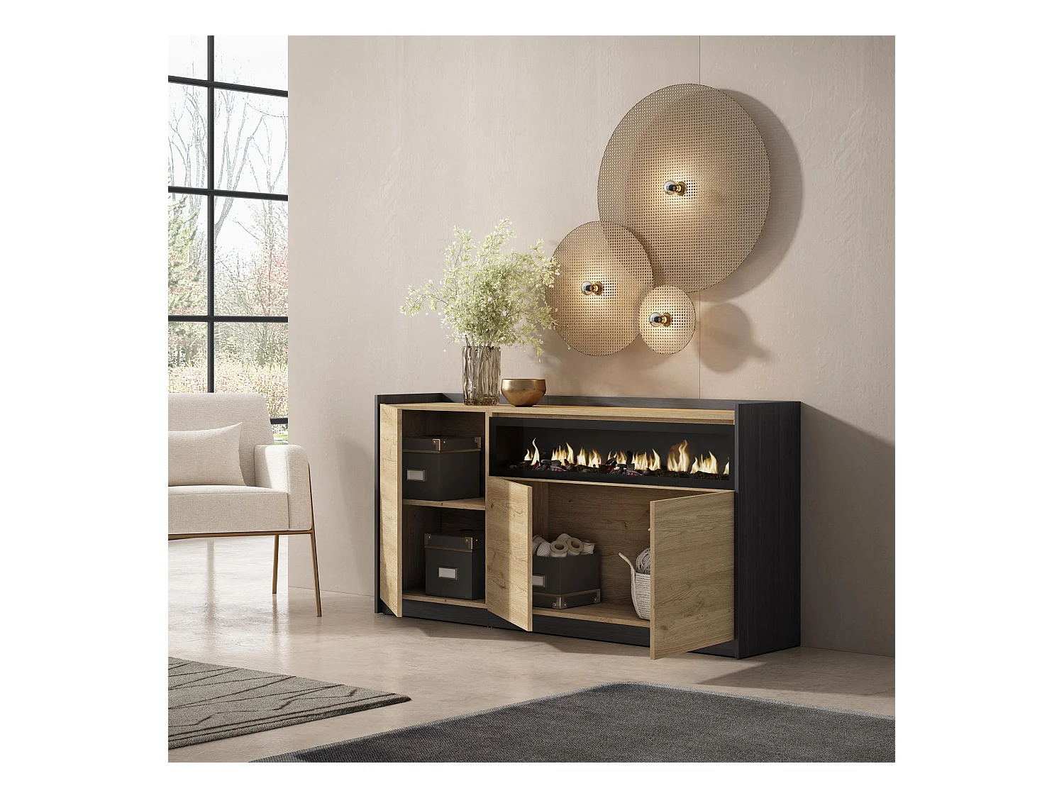 Aparadores para salón, 156x80x37 cm, 3 Puertas, Chimenea eléctrica, Roble y negro