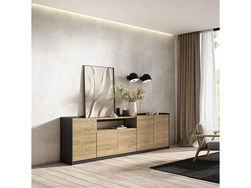 Aparadores para salón, 260x80x37 cm, 5 Puertas, Armario, zapatero, Roble y negro