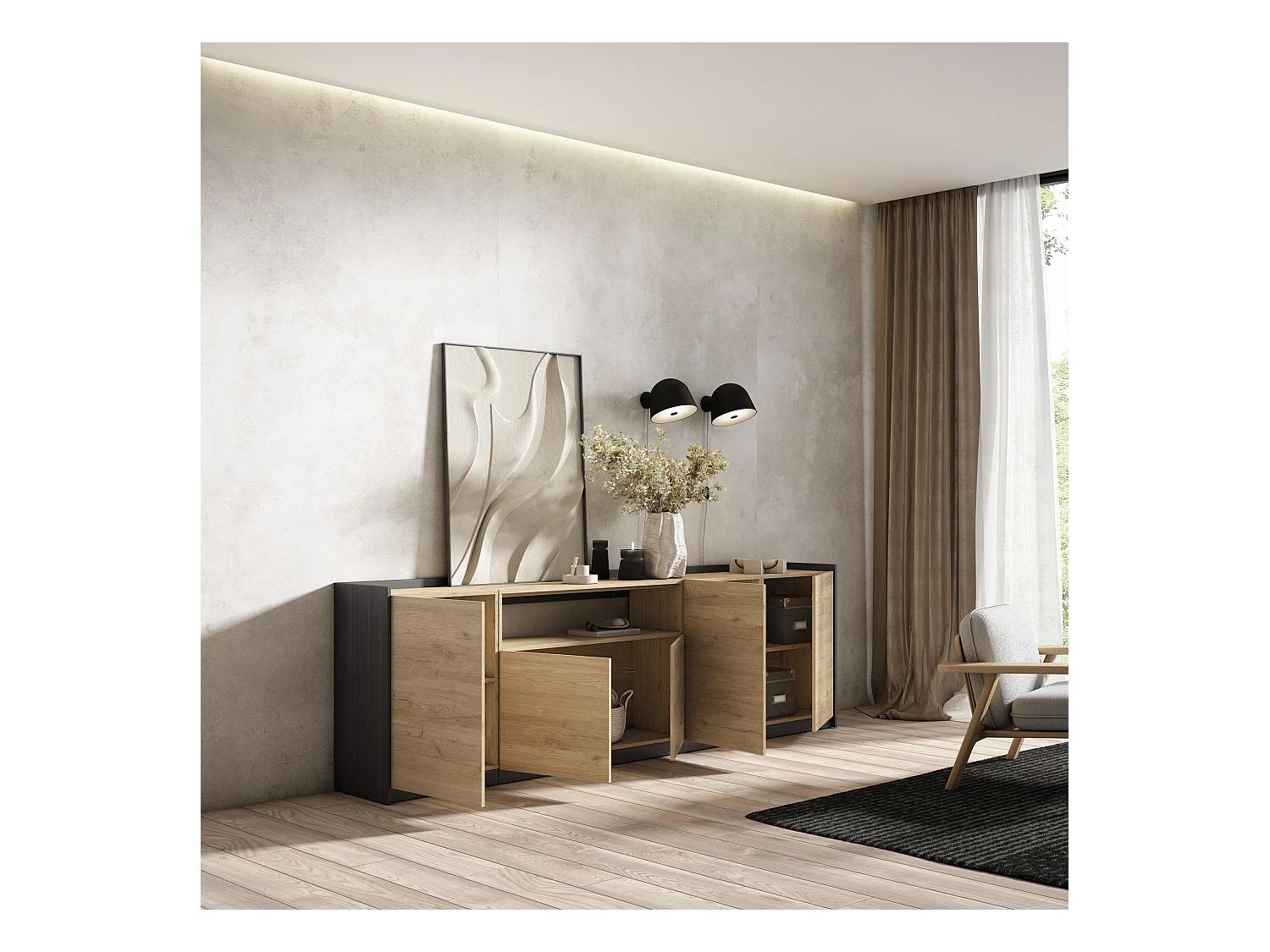 Buffet salon et cuisine, 260x80x37 cm, 5 Portes, Meuble chaussure, Chêne et noir