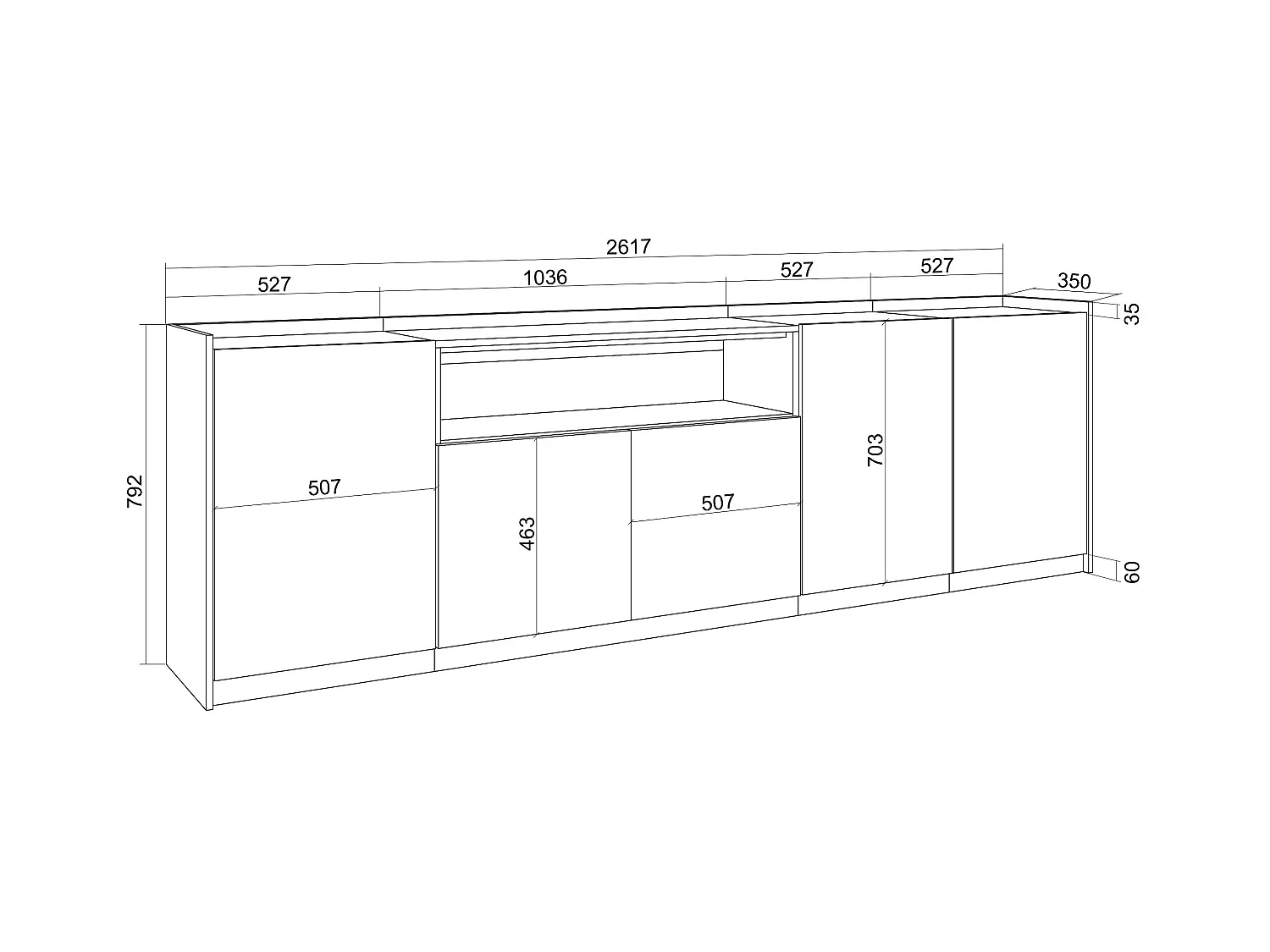 Buffet salon et cuisine, 260x80x37 cm, 5 Portes, Meuble chaussure, Chêne et noir