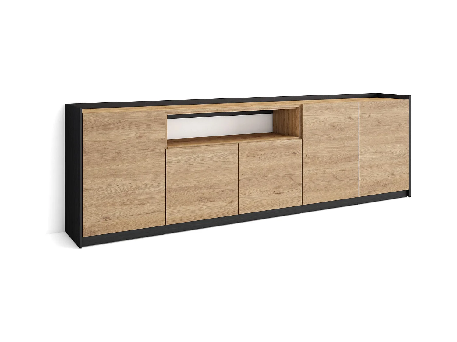 Credenza, Mobile, Cucina, 260x80x37 cm, 5 Porte, grande stoccaggio, Rovere e nero