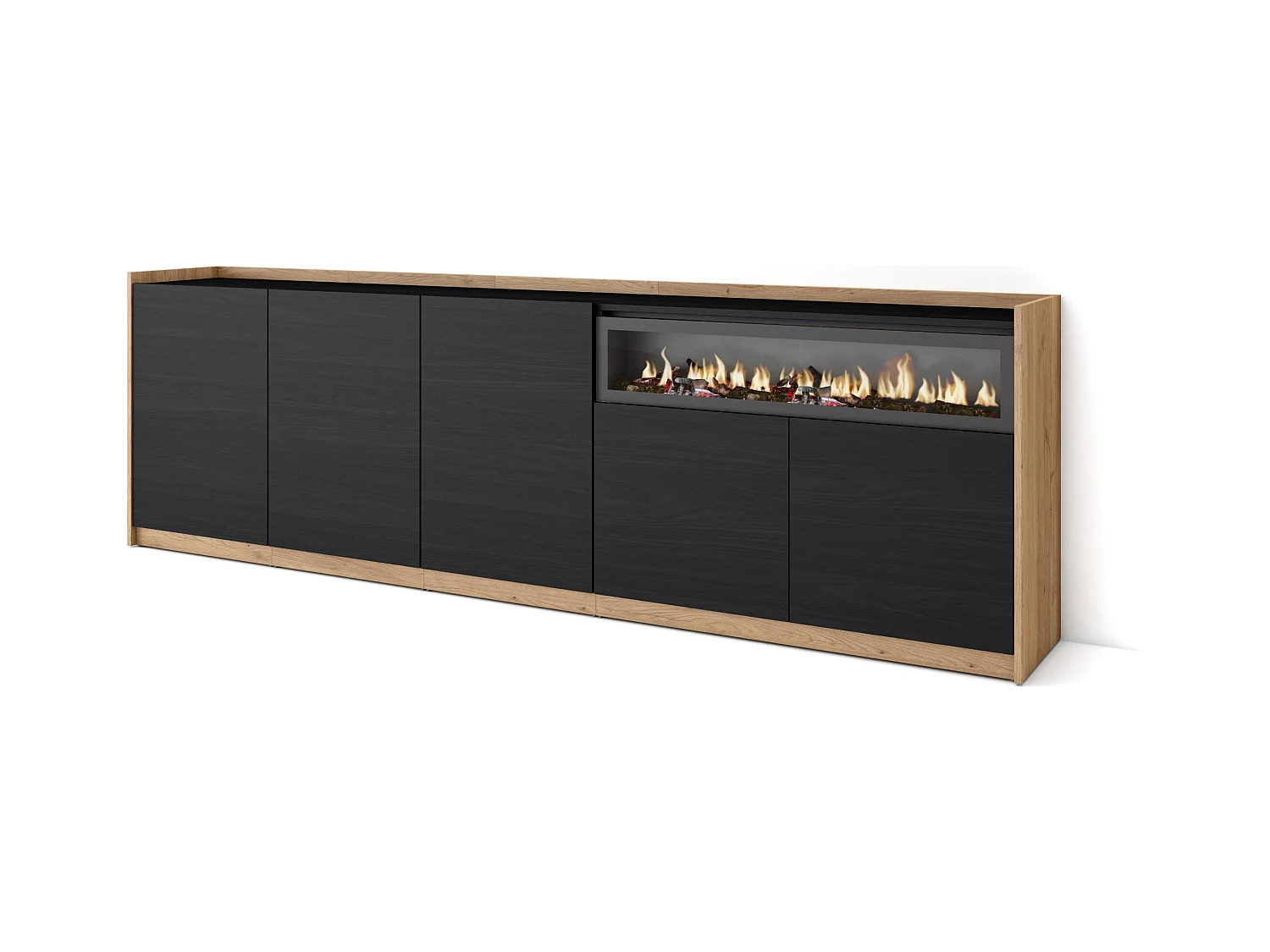 Dressoir, Opbergkast, 260x80x37 cm, 5 Deuren, Elektrische haard, Zwart/Eiken
