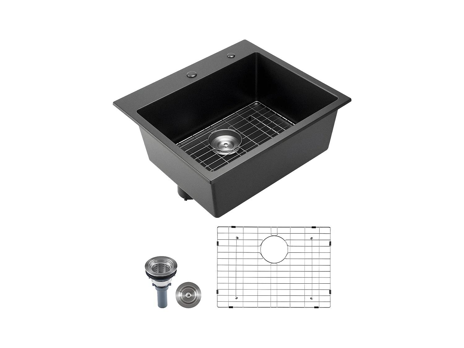 Évier de Cuisine SucceBuy Moderne en Granit de 63,5 cm, Évier à Poser à Large Cuve Simple, Bac à Laver Encastrable avec Accessoires Multiples