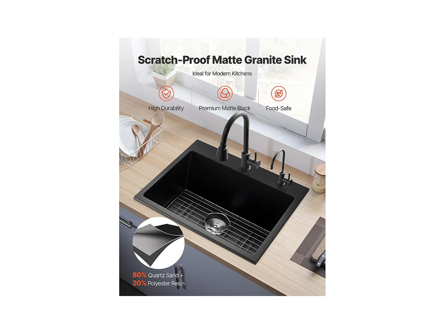 Évier de Cuisine SucceBuy Moderne en Granit de 63,5 cm, Évier à Poser à Large Cuve Simple, Bac à Laver Encastrable avec Accessoires Multiples