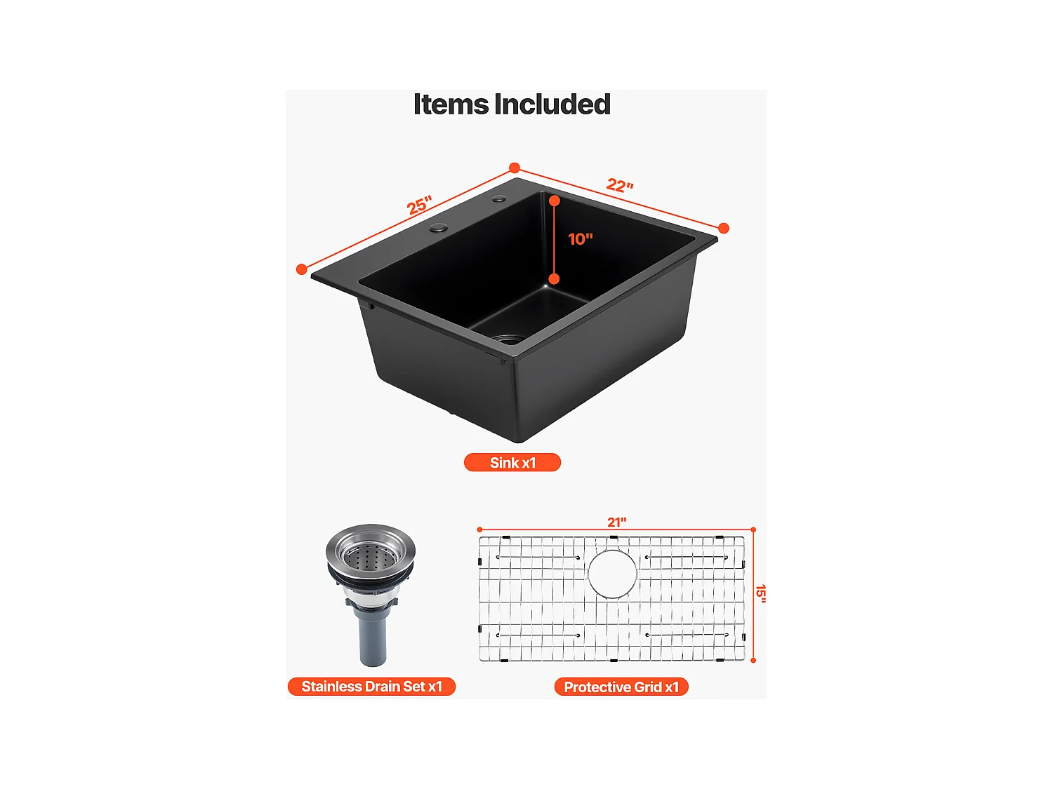 Évier de Cuisine SucceBuy Moderne en Granit de 63,5 cm, Évier à Poser à Large Cuve Simple, Bac à Laver Encastrable avec Accessoires Multiples