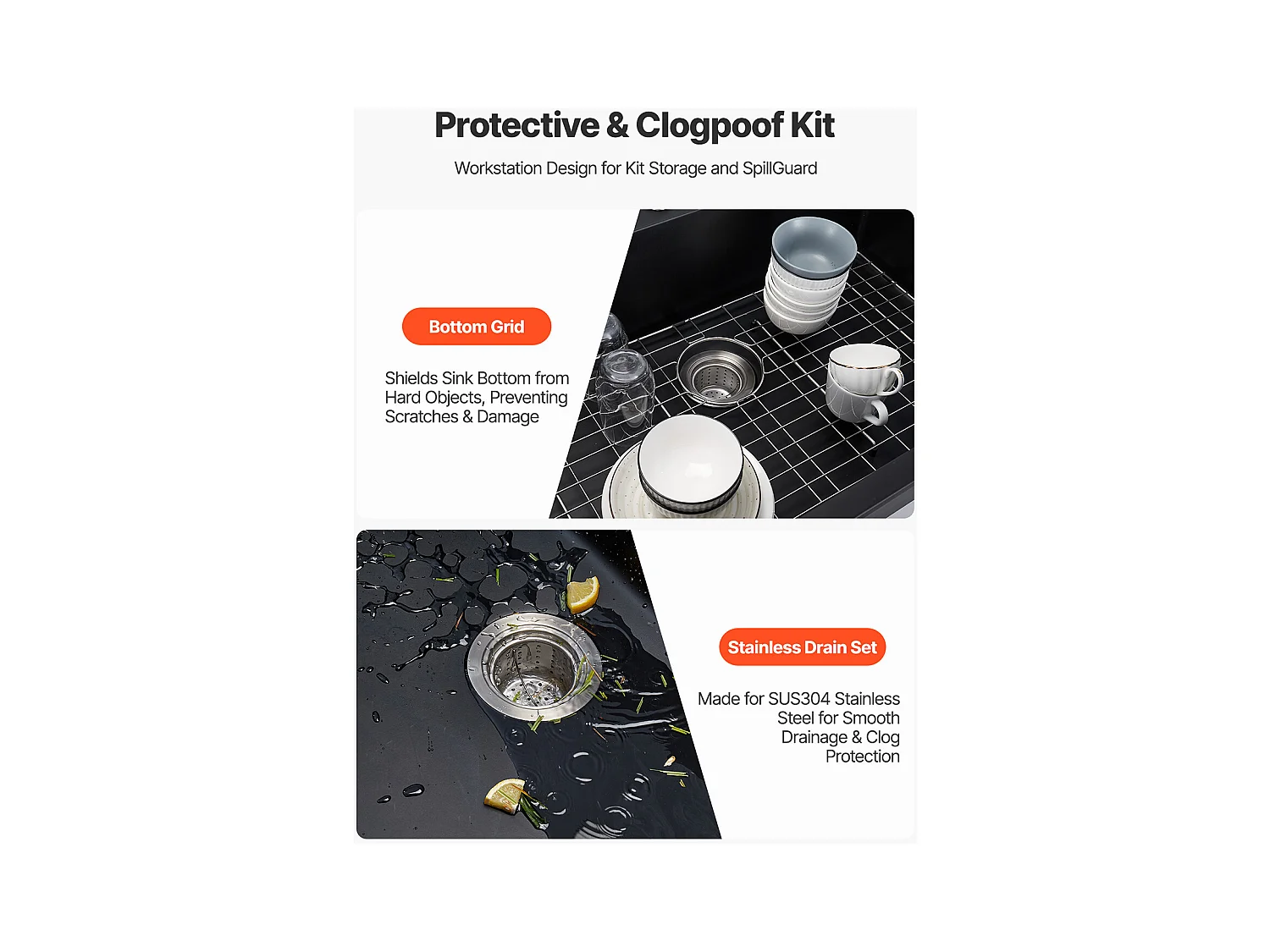 Évier de Cuisine SucceBuy Moderne en Granit de 63,5 cm, Évier à Poser à Large Cuve Simple, Bac à Laver Encastrable avec Accessoires Multiples