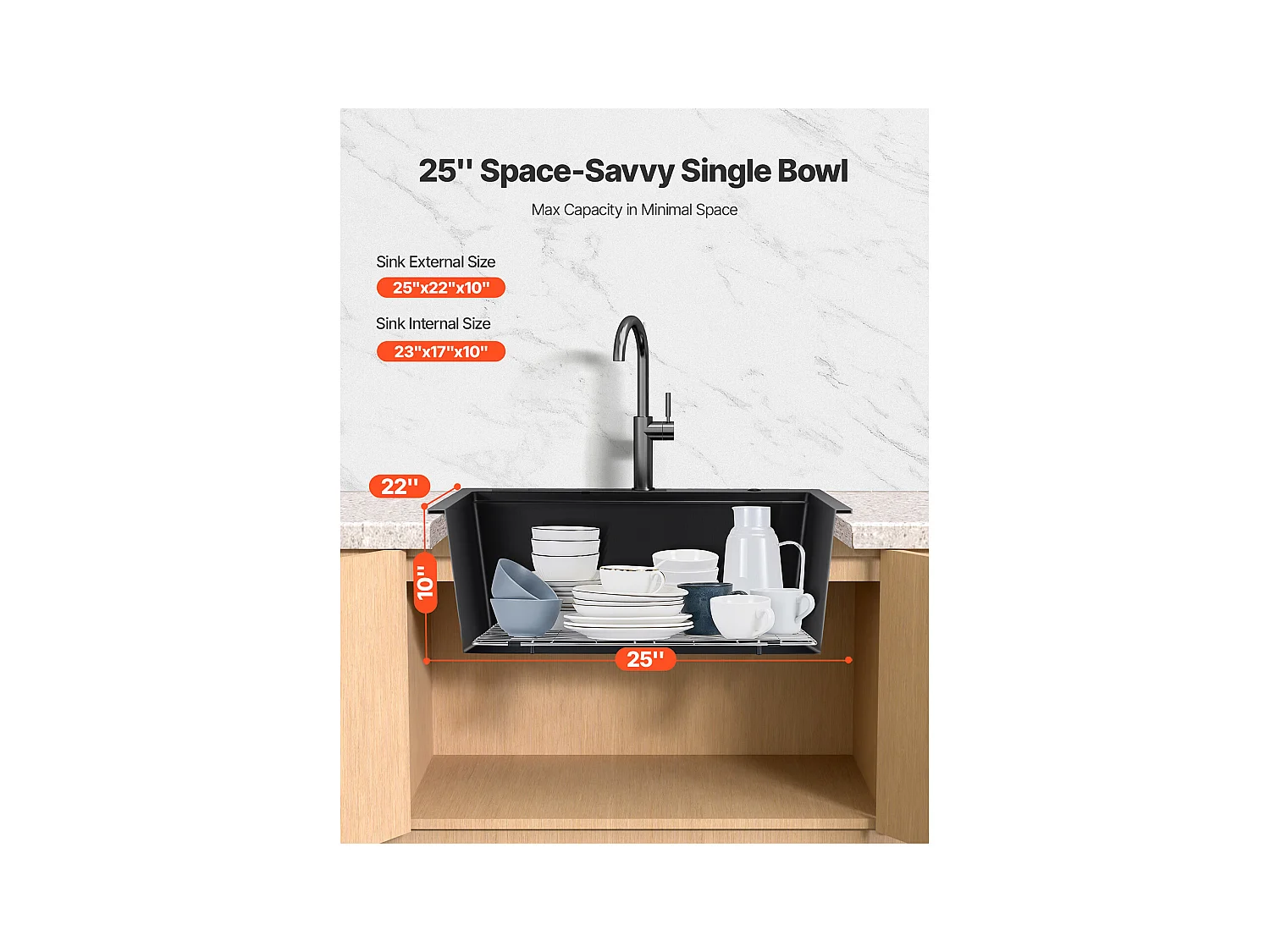 Évier de Cuisine SucceBuy Moderne en Granit de 63,5 cm, Évier à Poser à Large Cuve Simple, Bac à Laver Encastrable avec Accessoires Multiples