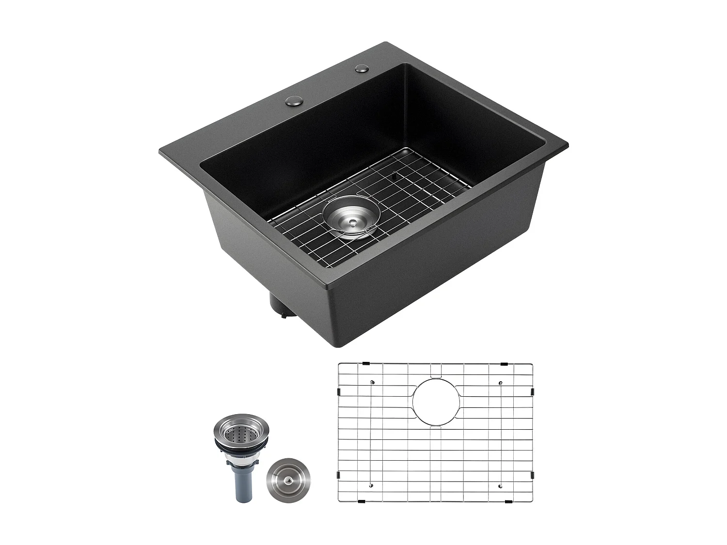 Évier de Cuisine SucceBuy Moderne en Granit de 63,5 cm, Évier à Poser à Large Cuve Simple, Bac à Laver Encastrable avec Accessoires Multiples