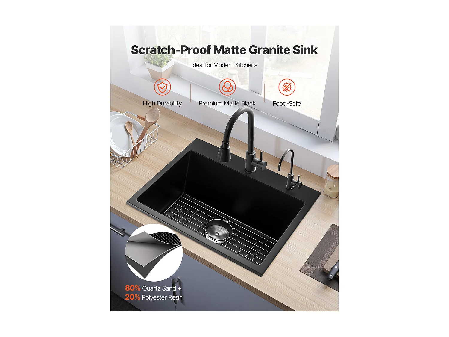 Évier de Cuisine SucceBuy Moderne en Granit de 63,5 cm, Évier à Poser à Large Cuve Simple, Bac à Laver Encastrable avec Accessoires Multiples