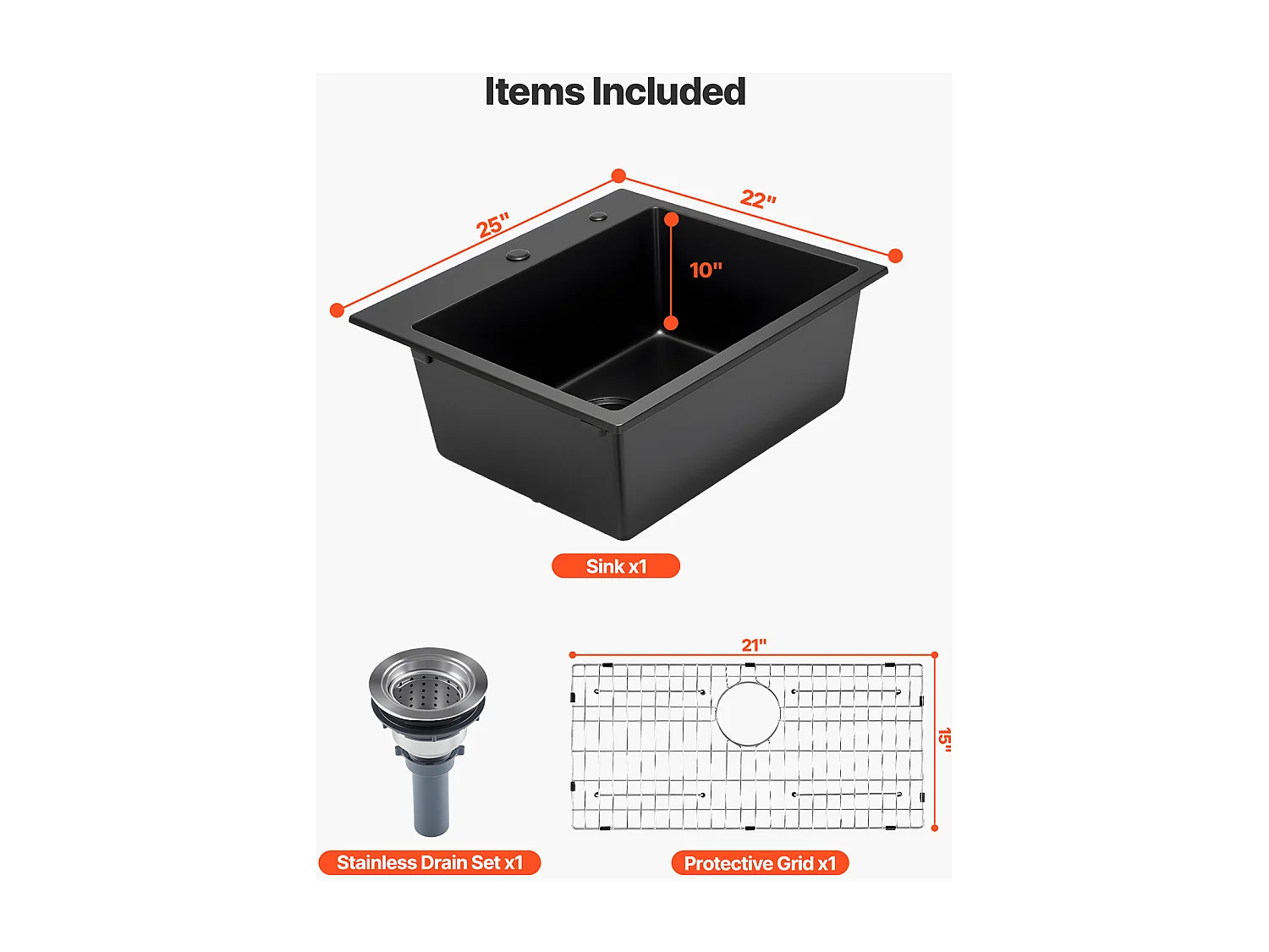 Évier de Cuisine SucceBuy Moderne en Granit de 63,5 cm, Évier à Poser à Large Cuve Simple, Bac à Laver Encastrable avec Accessoires Multiples