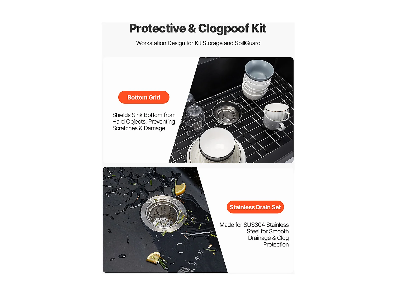 Évier de Cuisine SucceBuy Moderne en Granit de 63,5 cm, Évier à Poser à Large Cuve Simple, Bac à Laver Encastrable avec Accessoires Multiples