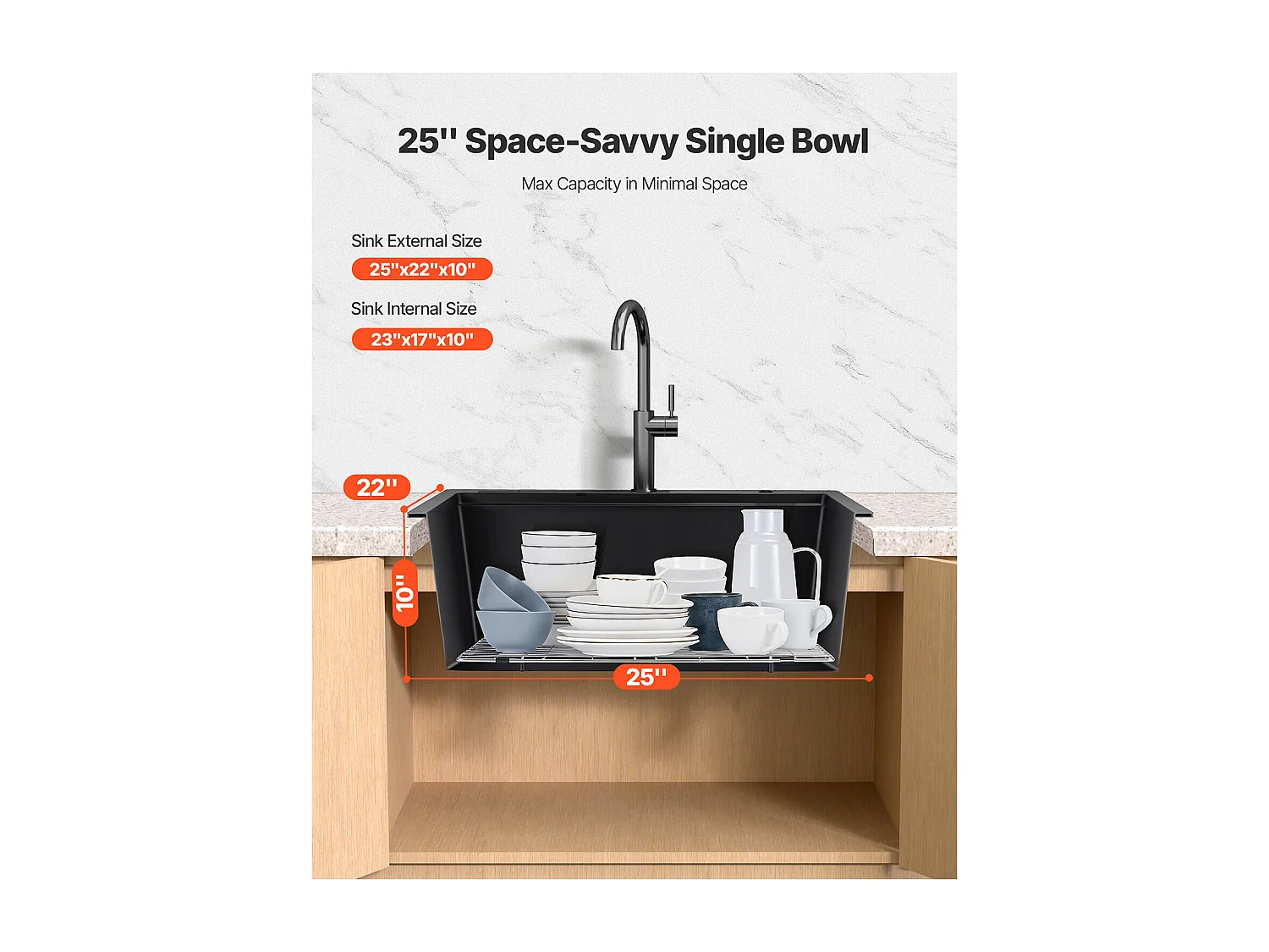 Évier de Cuisine SucceBuy Moderne en Granit de 63,5 cm, Évier à Poser à Large Cuve Simple, Bac à Laver Encastrable avec Accessoires Multiples